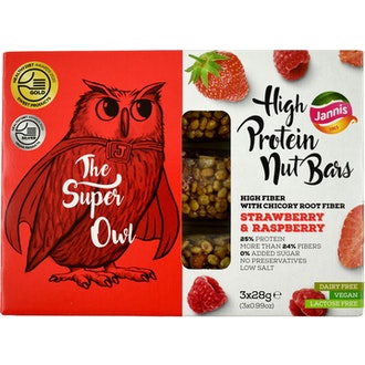 Jannis The Super Owl proteiinipitoinen pähkinäpatukka mansikka vadelma 3 x 28g
