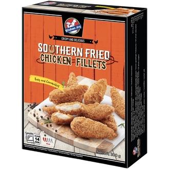 300g Kitchen Joy Southern Fried Chicken Fillets, Marinoitu, paneroitu ja paistettu kanan sisäfile, pakaste