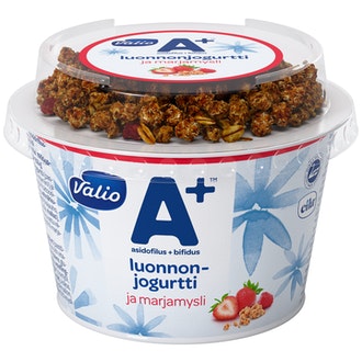 Valio A+™ luonnonjogurtti 200 g ja marjamysli laktoositon