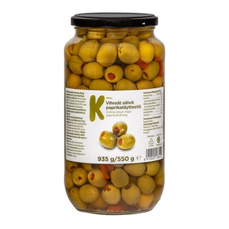 K-Menu vihreät oliivit paprikatäytteellä 935g/550g