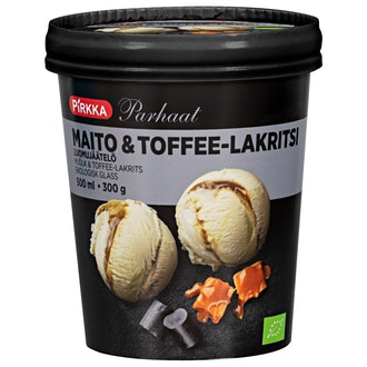 Pirkka Parhaat maito & toffee-lakritsi luomujäätelö 500ml/300g
