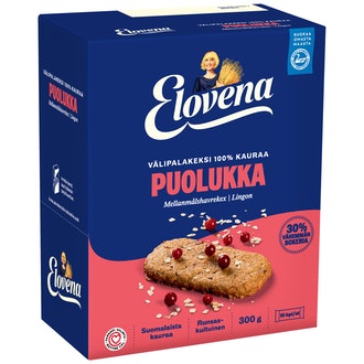 Elovena 10X30g kaura-puolukka täysjyvä välipalakeksi 100% kauraa
