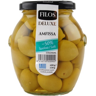 Filos Deluxe vihreä oliivi Amfissa, -50% suolaa 400g/230g