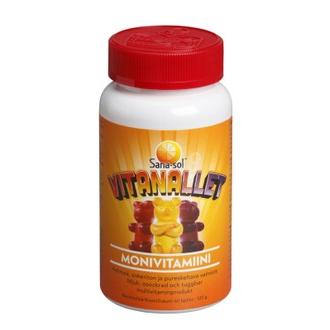 Sana-Sol Vitanallet Vadelman-, Appelsiinin- Ja Mustikanmakuinen Pehmeä, Sokeriton Ja Pureskeltava Monivitamiinivalmiste 60Kpl
